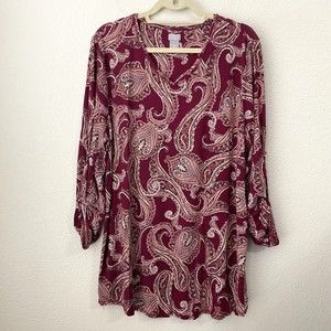 Chico's Zenergy Blouse Top Womens Size XXL 20/22 Paisley Roll Tab Sleeve